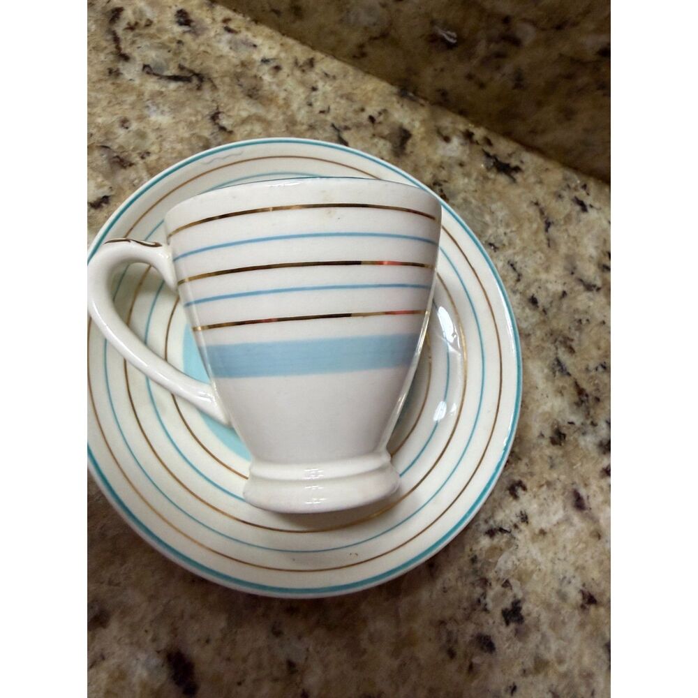 Empire Ware Demitasse Bone China Teacup & Saucer England Art Deco Blue & Silver